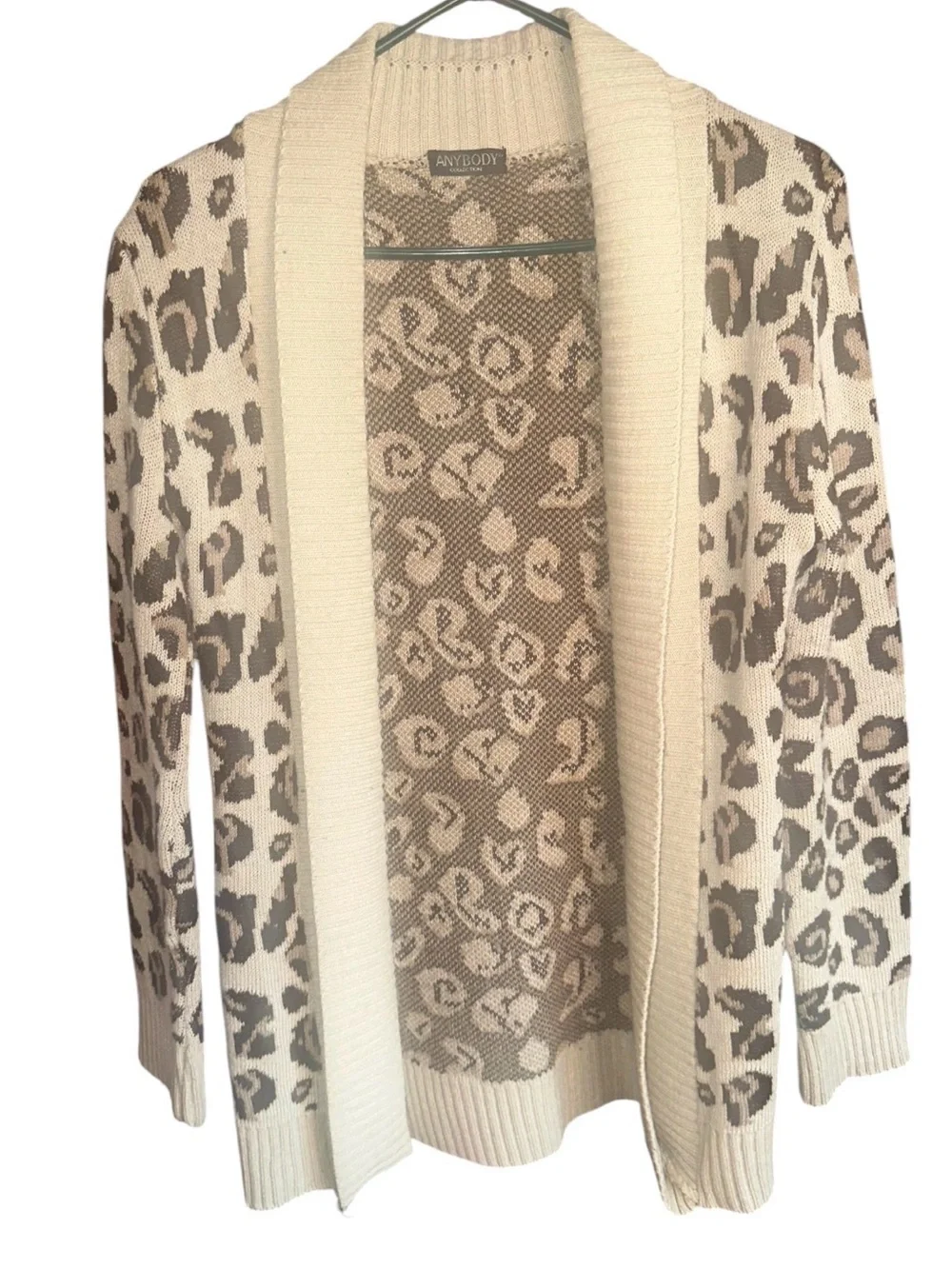 AnyBody Cream and Taupe Leopard-Print Open Front Cardigan. Fits XS/S